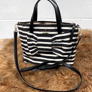 Kate Spade Watson Lane Small Maya Black and White Striped Bow Tote Shoulder Bag